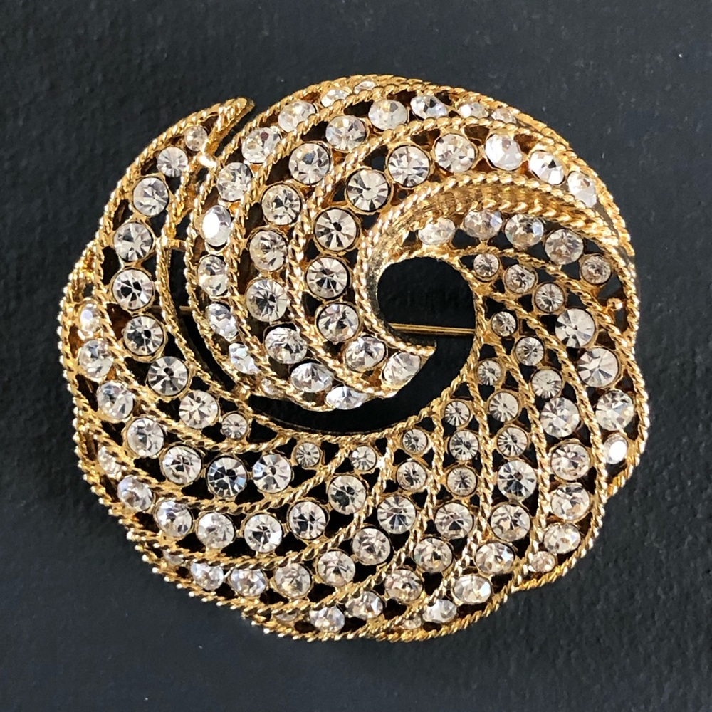 Vintage Monet (1980’s) Rhinestone Gold-Tone Swirl Brooch - 1 3/4” diameter